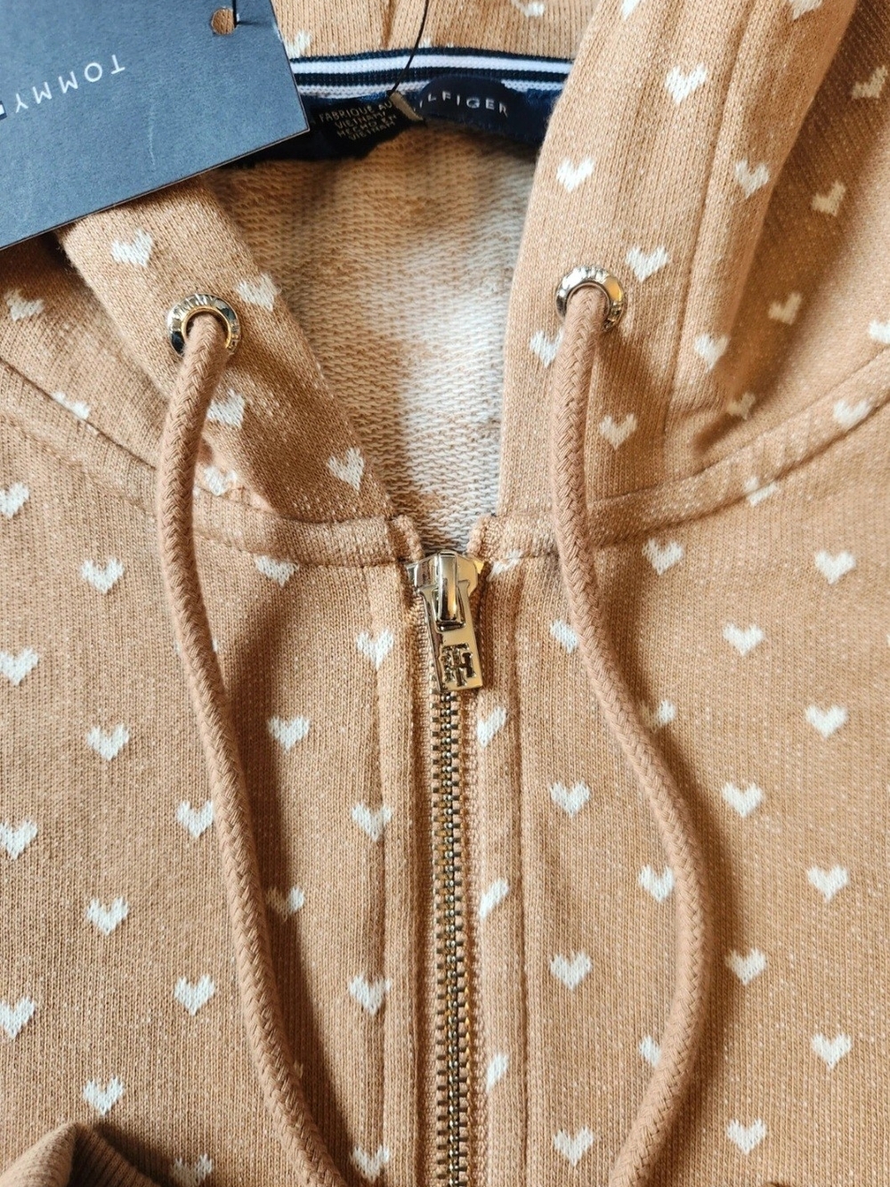 Tommy Hilfiger 100% Cotton Zip-up Tan Hoodie with Tiny White Heart Print - Picture 6 of 16